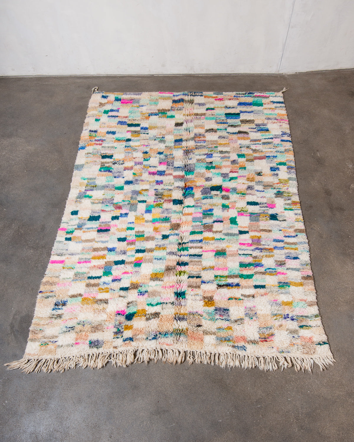 Modern, designer, handcrafted Berber rug from Morocco. Vintage carpet with beautiful colours and patterns and fluffy texture.